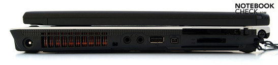Left side: DC-in, fastening eye for the stylus cord, microphone, headphones, USB-2.0, FireWire, ExpressCard, 5-in-1 card reader, SmartCard reader, slot for stylus.