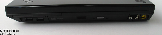Rechte Seite: 2x USB 2.0, ExpressCard, DVD Laufwerk, LAN, Netzanschluss