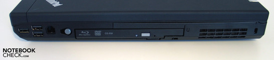 Right side: 3x USB 2.0, Modem, opt. drive, Kensington Lock