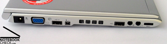 Left side: Network connections, VGA Port, USB, Firewire, Cooler, USB, Audio