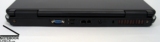 Back Side: VGA Out, 2x USB 2.0, LAN, Modem, Power Connector, Kensington Lock, Fan
