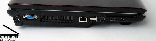 Left Side: Power Connector, VGA, Fan, LAN, 2 x USB 2.0, S-Video, HDMI, Firewire, ExpressCard
