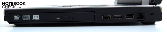Right side: opt. drive, 3xUSB-2.0, RJ-11 (modem), Kensington Lock