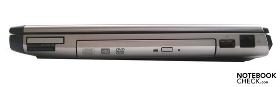 Right: ExpressCard/34, 8 in 1 cardreader, optical drive, USB 2.0, RJ-45 (LAN)