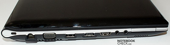 Left: Kensington lock, LAN, VGA, USB, USB/eSATA, HDMI, audio ports, ExpressCard/34