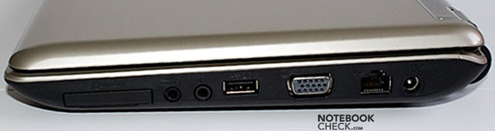 Right side: ExpressCard34, Audio-Out/SPDIF, Audio-In, USB, VGA, LAN, Power Socket