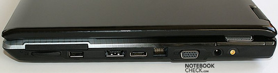 Right side: ExpressCard, card reader, USB, eSATA/USB, HDMI, LAN, VGA, power socket, antenna