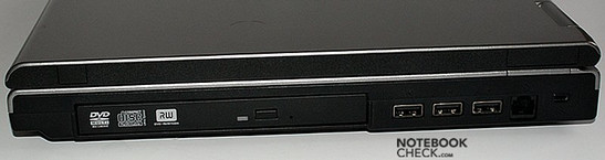 Right: optical drive, 3x USB, modem, Kensington Lock