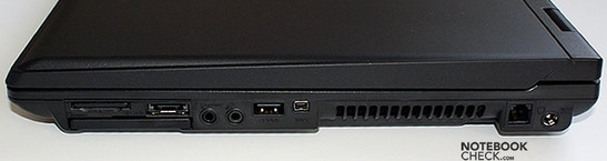 Right: CardReader, e-SATA, ExpressCard, audio-out (SPDIF), audio-in, USB, FireWire, louver, modem, power socket