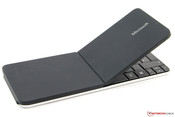 The Microsoft Wedge Mobile Keyboard can be used with the Venue 7. It features the American keyboard layout.