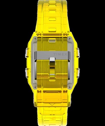 The Q Timex LCA x Fortnite watch uses a translucent, energizing yellow resin case and band for a retro vibe (Image source: Timex)