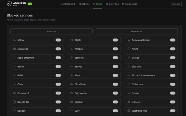 The AdGuard Home interface allows you to easily block a range of services on your home network (Credit: NotebookCheck)