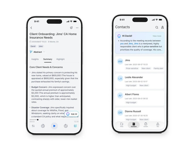 On the left is a typical summary. Named individuals can be added to a contact list.