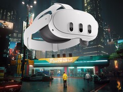 Meta Quest 3 VR headset shown in Cyberpunk 2077's Night City (Image source: Meta, Steam with edits)