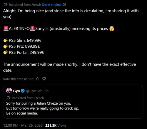 Machine-translated PS5 price increase rumor on X