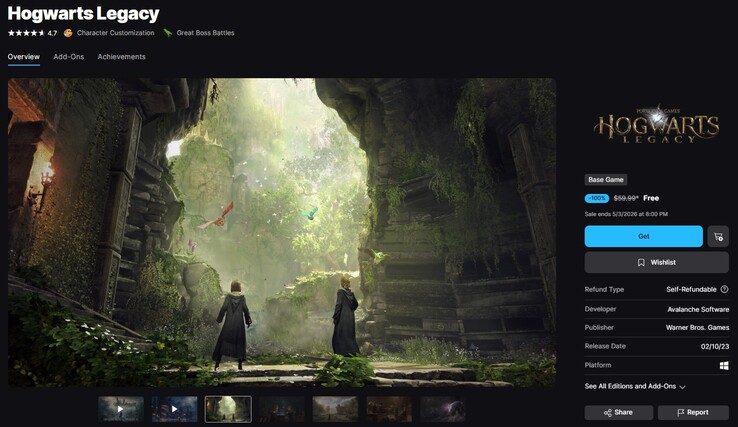 Hogwarts Legacy listed for free.