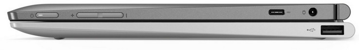 Right-hand side: tablet – power button, volume rocker, USB 3.1 Gen 1 Type-C, charging port; keyboard – USB 2.0 Type-A