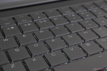 The dark gray font and thin letters make the keys more difficult to identify