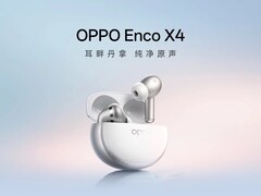 A promotional image showcasing the Oppo Enco X4 earbuds in white colorway.