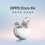 A promotional image showcasing the Oppo Enco X4 earbuds in a white colorway.
