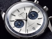 Close-up of the Timex Marlin Jet Chronograph TW2Y89900 showing its silver-white dial, navy subdials, applied hour markers, baton hands, tachymeter scale, and date window.