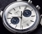 Close-up of the Timex Marlin Jet Chronograph TW2Y89900 showing its silver-white dial, navy subdials, applied hour markers, baton hands, tachymeter scale, and date window.