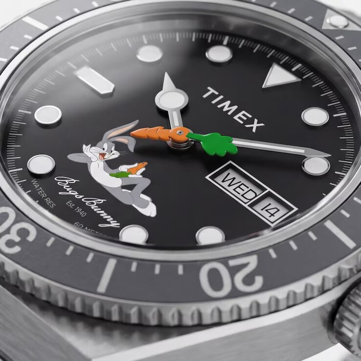 Close-up of the Timex Looney Tunes x M79 Automatic’s black dial, highlighting Bugs Bunny and the carrot-shaped seconds hand,