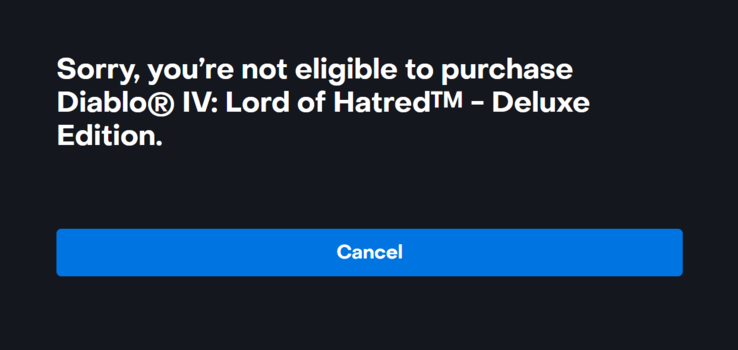 Diablo 4 Lord of Hatred purchase error (image source: own)