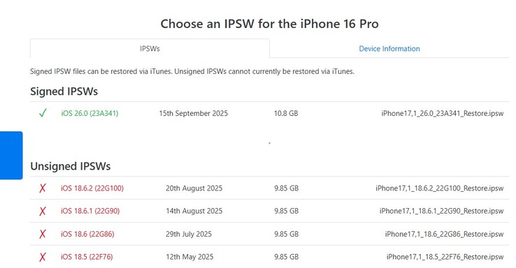 As of September 23, iOS 26.0 is the only signed version of iOS available for the iPhone 16 series and other iOS 26 devices. (Image source: IPSW)