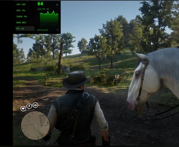 Red Dead Redemption 2 gameplay on Snapdragon X2 Elite with performance overlay visible