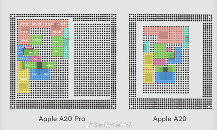 The Apple A20 Pro solder ball map with major blocks labeled, compared with the leaked A20 solder ball map showing the expected locations of the major blocks