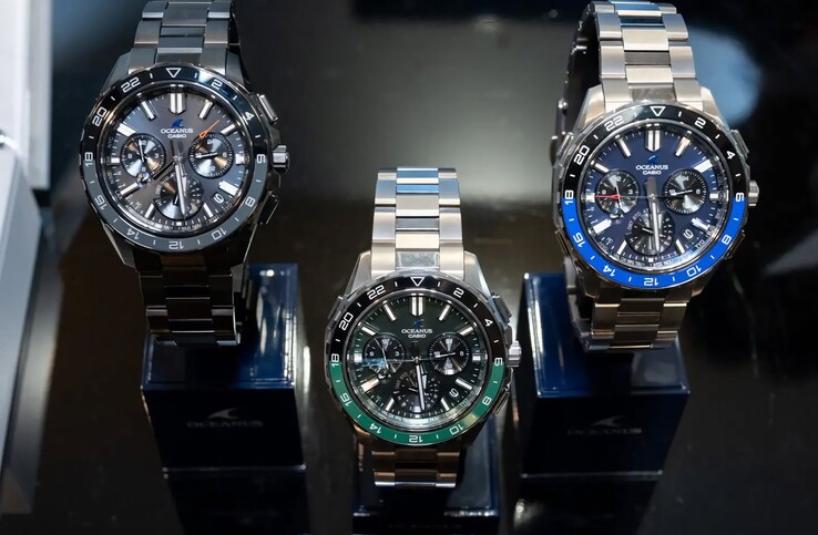 Three Casio Oceanus OCW-P3000 watches in blue, green, and black arranged side by side.