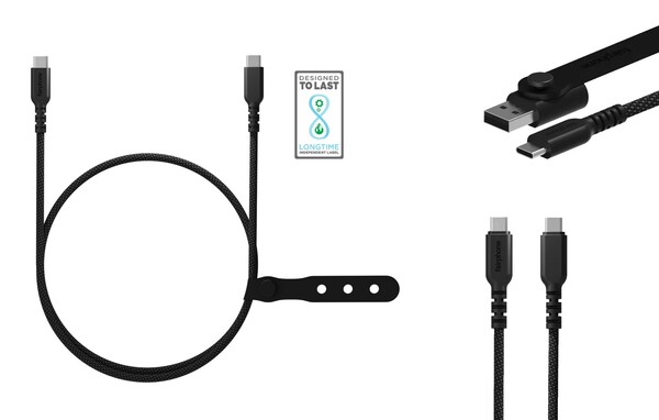 The Fairphone USB-C cables are braided and come with a USB-A adapter. (Image source: Fairphone)