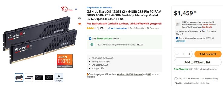 G.Skill Flare DDR5 RAM listing. (Image Source: Newegg) 