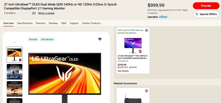 LG’s 27GX790B-B Tandem OLED gaming monitor is now available to preorder for $999.99 with a free monitor included. (Image source: LG)