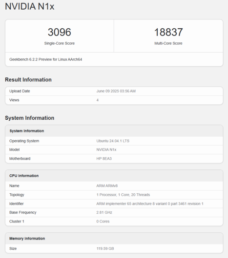 Nvidia N1X Geekbench listing (image source: Geekbench)