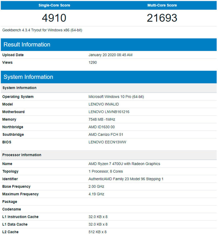 AMD Ryzen 7 4700U Geekbench score. (Image Source: Tom's Hardware)