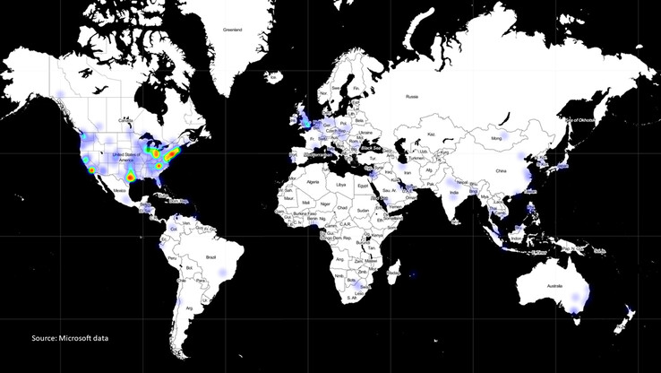 This heatmap indicates that most targeted devices were in the United States (Image source: Microsoft)