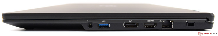 right: combined audio jack, UBS 3.0 Type-A, DisplayPort, HDMI, Ethernet, Kensington Lock