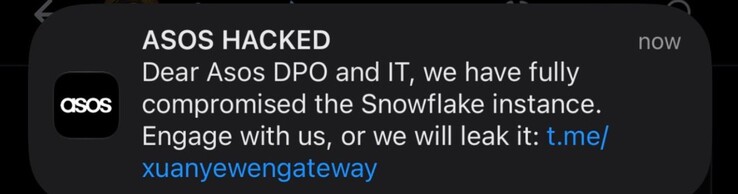 ASOS notification sent to users.