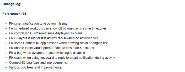 The Garmin beta version 22.22 update for the Forerunner 165 and other related smartwatches. (Image source: Garmin)