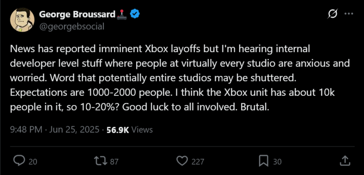 George Broussard Xbox layoffs rumor (Image source: screenshot, George Broussard X account)