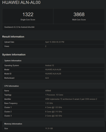 海思麒麟 9000s Geekbench 评分（图片来自 Geekbench）