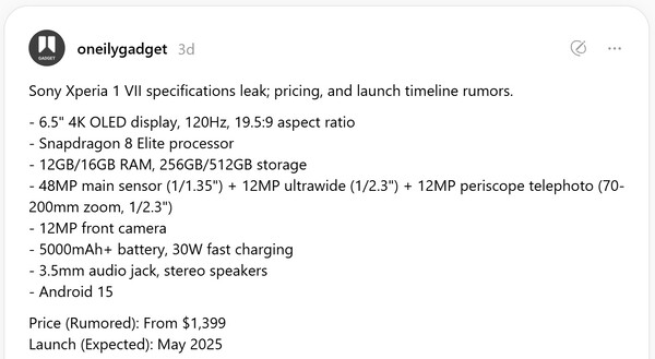 Supposed Sony Xperia 1 VII specs. (Image source: oneilygadget)