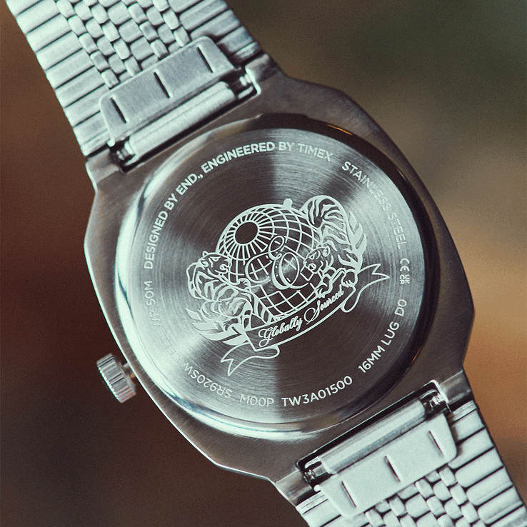 The back of the Timex END. x Timex 1981 Reissue Inspired.
