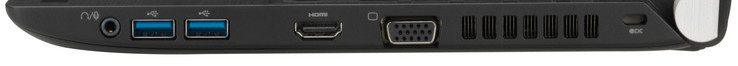 Right: Audio in/out, 2x USB 3.0, HDMI, VGA, vent, Kensington (photo: Toshiba)