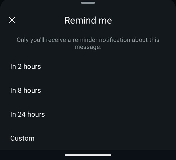 WhatsApp's Remind Me feature lets users choose a preset time or create a custom time and date. (Image source: Notebookcheck)