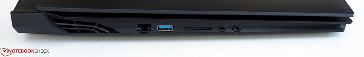 left side: RJ45 LAN, USB-A 3.0, card reader, headphone jack, microphone jack