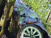 The Model 3 hurtled 85 feet into the air before slamming into a tree trunk (image: Black Lake Towing)