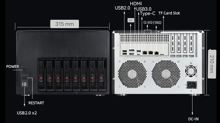 The rear and front I/O of the XYC X108 NAS PC. (Image source: AndroidPC.es)